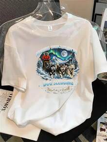 Camisa de mujer de manga corta y cuello redondo con estampado de nieve y luna llena tras la cortina, apta para todas las estaciones. - Blanco - Ver 1