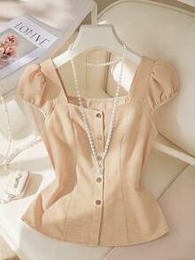 Blusa de manga corta con cuello cuadrado de unicolor, estilo francés elegante para mujer, diseño ajustado, primavera/verano, única - Caqui - Ver 1