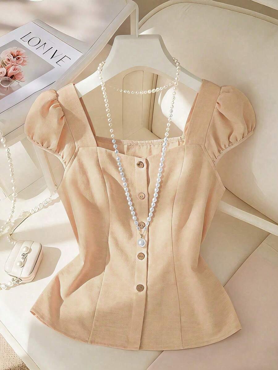 Blusa de manga corta con cuello cuadrado de unicolor, estilo francés elegante para mujer, diseño ajustado, primavera/verano, única - Caqui - Ver 1