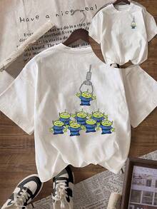 Disney Loose Version Of Toy Story Three Eyed "Claw Machine Grab" Fun Front And Back Printed T-Shirt, Suitable For Summer And Spring, Short Sleeved Tops, Women's Clothing, Holiday Gift Party Clothing. - 白色 - 查看 1