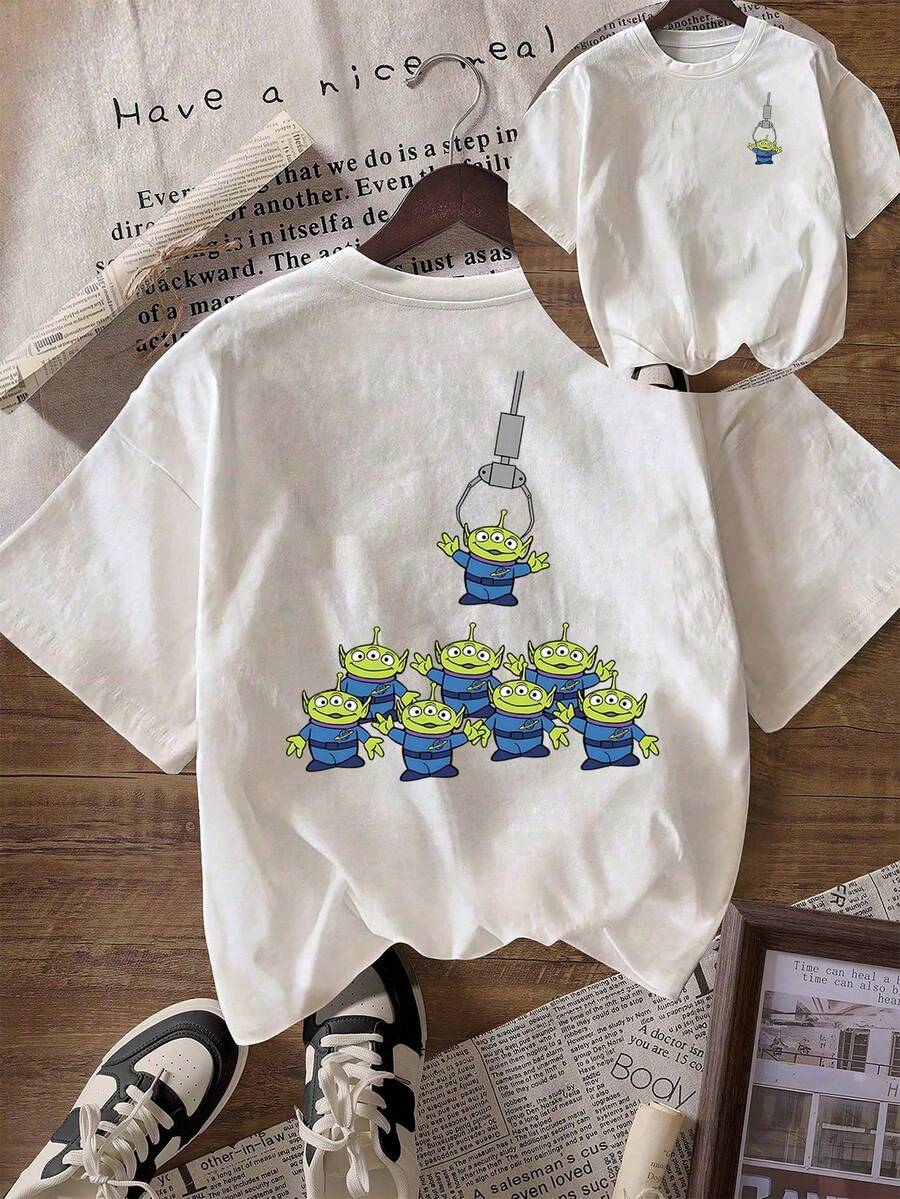 Disney Loose Version Of Toy Story Three Eyed "Claw Machine Grab" Fun Front And Back Printed T-Shirt, Suitable For Summer And Spring, Short Sleeved Tops, Women's Clothing, Holiday Gift Party Clothing. - 白色 - 查看 1