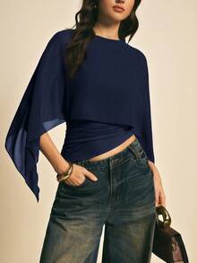 Women's Brown Shawl Collar Casual Blouse, Elegant Blouses For Women, Casual Blouses For Women, Suitable For Daily Wear, Going Out, Coming And Going In Autumn/Winter, Blouse Of - 海軍藍 - 查看 1