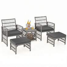 COSTWAY 5 Piece Patio Wicker Sofa Set, Outdoor Rattan Conversation Set W/ Seat & Back Cushions, 2-Tier Coffee Table & 2 Ottomans, Wicker Sofa Set For Backyard, Poolside, Grey - Grey - View 1