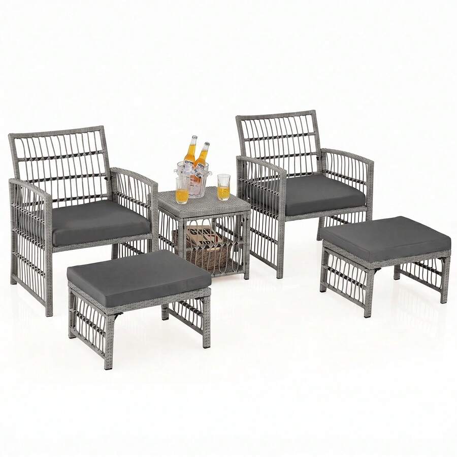 COSTWAY 5 Piece Patio Wicker Sofa Set, Outdoor Rattan Conversation Set W/ Seat & Back Cushions, 2-Tier Coffee Table & 2 Ottomans, Wicker Sofa Set For Backyard, Poolside, Grey - Grey - View 1