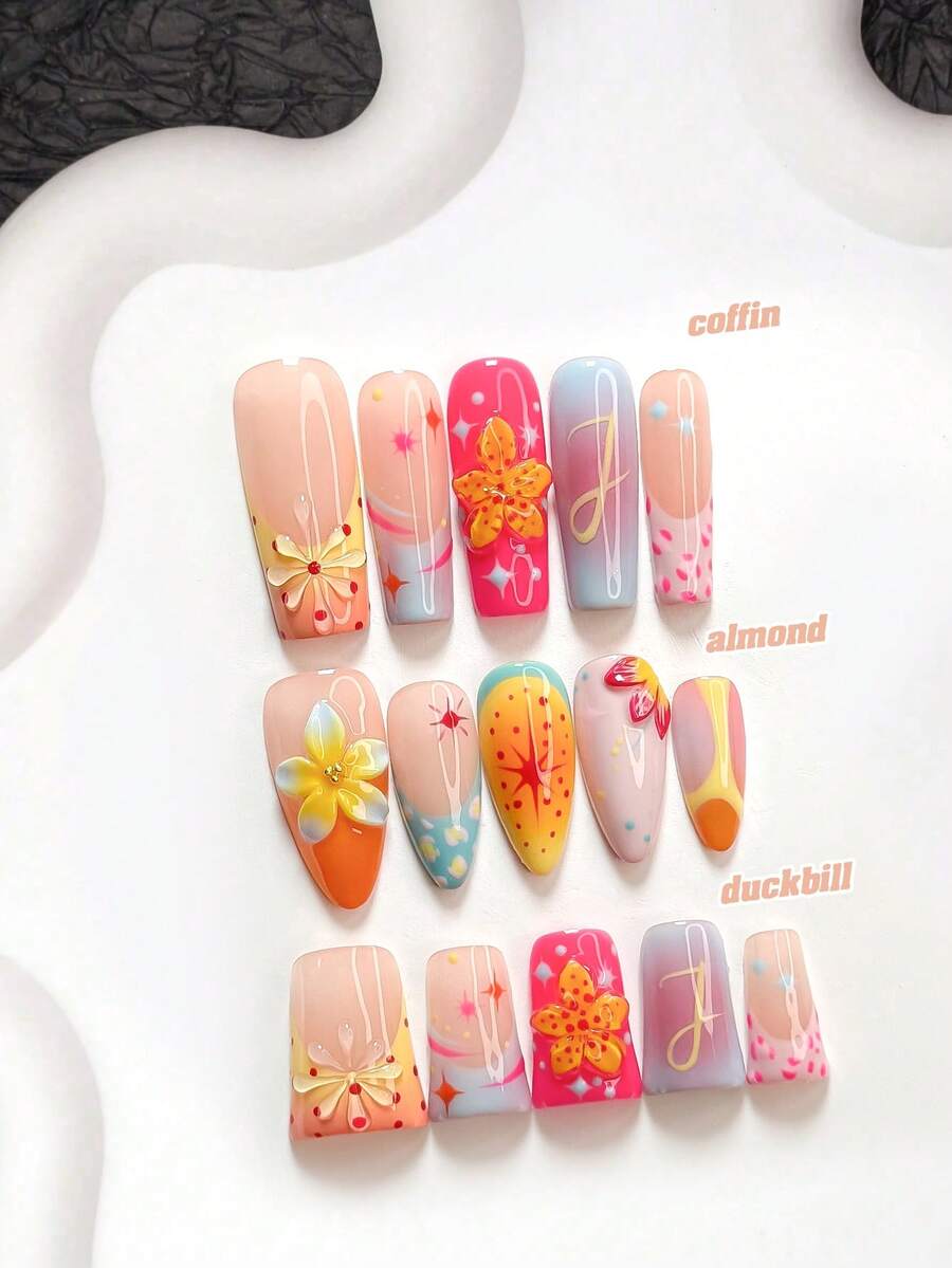 10 Stück frischer Sommerstil handgefertigte Press-On-Nägel, Polygel-Nagelset, handgeformte Blumen, Polka Dots, Linien, Orange, Blau, Gelb, Rot Nagellack, weich, künstlerischer Stil, inklusive Nagelwerkzeug, 3 Größen erhältlich, Mandel, Ente, Sargnägel für Party, Tanz, tägliche Nutzung. - Verschiedenfarbig - Übersicht 1