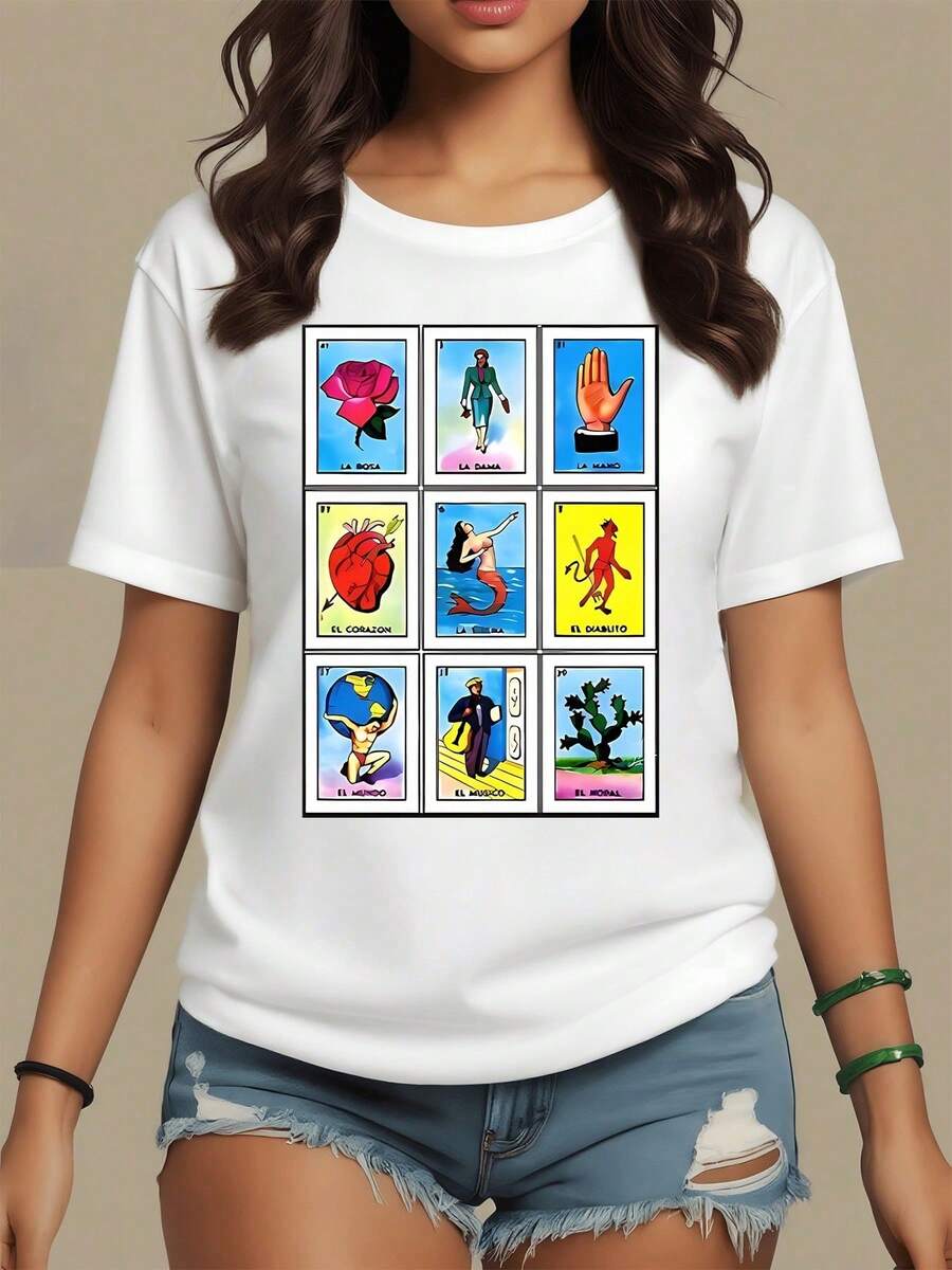 Women's 100% Cotton 180g T-Shirt, Colorful Illustration Depicting Traditional Mexican Cards With Symbols Such As The Rose, Heart, Mermaid And The World, Celebrating Latin Culture. - 白色 - 查看 1