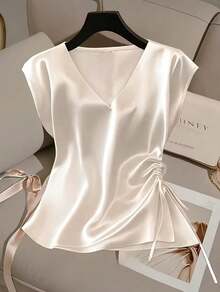 Women's Short-Sleeved Summer Shirt, Made Of Plain Satin, Available In Various Colors, Lightweight And With A Simple And Modern Design - 白色 - 查看 1