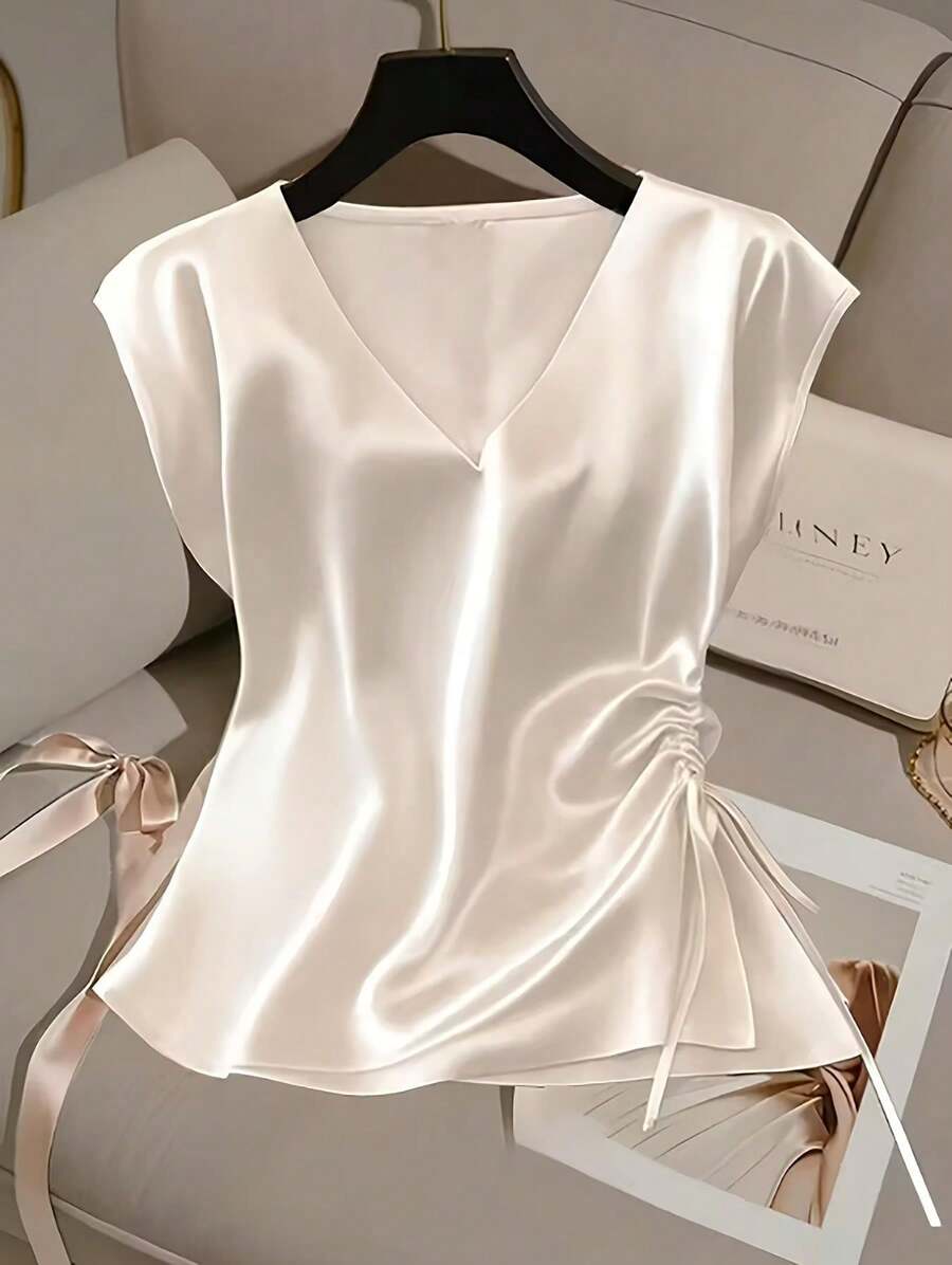 Women's Short-Sleeved Summer Shirt, Made Of Plain Satin, Available In Various Colors, Lightweight And With A Simple And Modern Design - 白色 - 查看 1