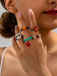 5pcs/Set Fashion Cute Cartoon Cat Beaded Rings Bohemian Beaded Crab Pendant Vacation Style Stackable Elastic Finger Rings Women's Daily Wear Ring Set - Multicolor - View 3