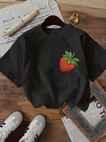 Minimalist. 100% Cotton. 1 Piece. [Double-Sided Printing] Pure Cotton Short-Sleeved T-Shirt With A Round Neck And A Fresh Strawberry Flower Print. [Lang] Spring/Summer Top. - 黑色 - 查看 2