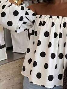 Atasan Wanita Motif Polkadot Kontras Berlipit Tanpa Bahu, Cocok untuk Pantai dan Pakaian Sehari-hari, Warna Putih Musim Semi/Panas - MultiWarna - View 8