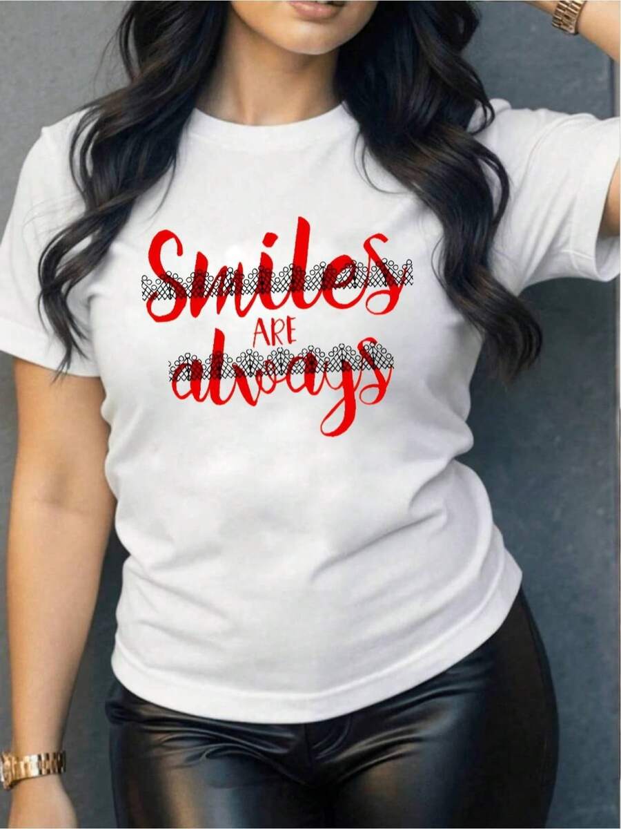 YOCASA Women's Casual Summer T-Shirt, Round Neck, Fitted, Short Sleeve, With Oil Paint, Floral, Heart, Cherry, And Letter Prints. Simple, Casual Fabric, Sporty Style, Ideal For Everyday Wear And A Valentine's Day Date. - YH260-白色 - 查看 1