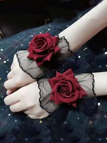 Gothic Lolita Lace Cuffs Decorated With Deep Red Roses, Elegant And Unique, Suitable For Women's Dates, Performances, And Weddings - A - View 2