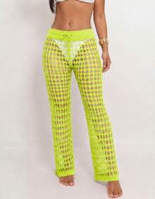 Knitted Beach Cover-Up Pants With Elastic Tie-Up Fishnet - Mint Green - View 1