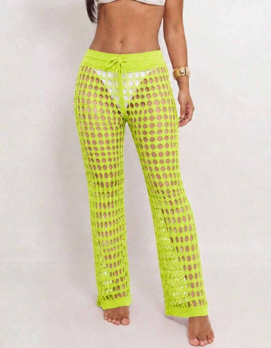 Knitted Beach Cover-Up Pants With Elastic Tie-Up Fishnet - Mint Green - View 1
