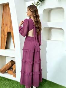 Women's Long Chiffon Dress With Long Sleeves, V-Neck, Ruffled Hem And Lining. - Rojo violeta - Ver 2
