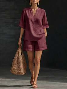 Women's Two-Piece Linen Set With Half-Button Top And Elastic Waist Shorts - Purplish-red - View 1