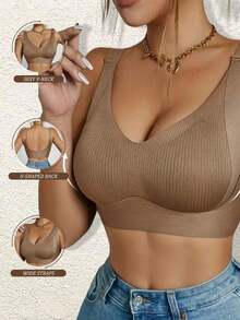5-PCS Plus Size Bra, Seamless Breathable Wireless Sports Bra For Women - Full Coverage Design, Anti-Slip Material, With Lifting And Support Functions, Comfortable To Wear, Ribbed Details, Made Of Nylon And Elastic Fiber Blend, Hand Wash. Elegant Solid Color Design.Plus Size Lingerie - Multicolor - View 3