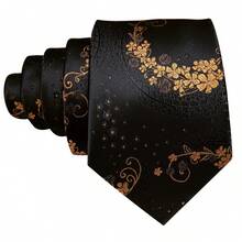 Black Tropical Plant Jacquard Men Tie Pocket Square Cufflinks 3Pcs Set, Random Cufflink Pattern, Wedding Party Holiday Formal Accessories - Black - View 3
