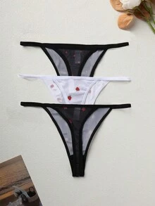 3件套女士内裤套装，性感蕾丝比基尼三角裤，蝴蝶结设计，低腰舒适丁字裤，女士内衣套装 - 彩色 - 查看 1