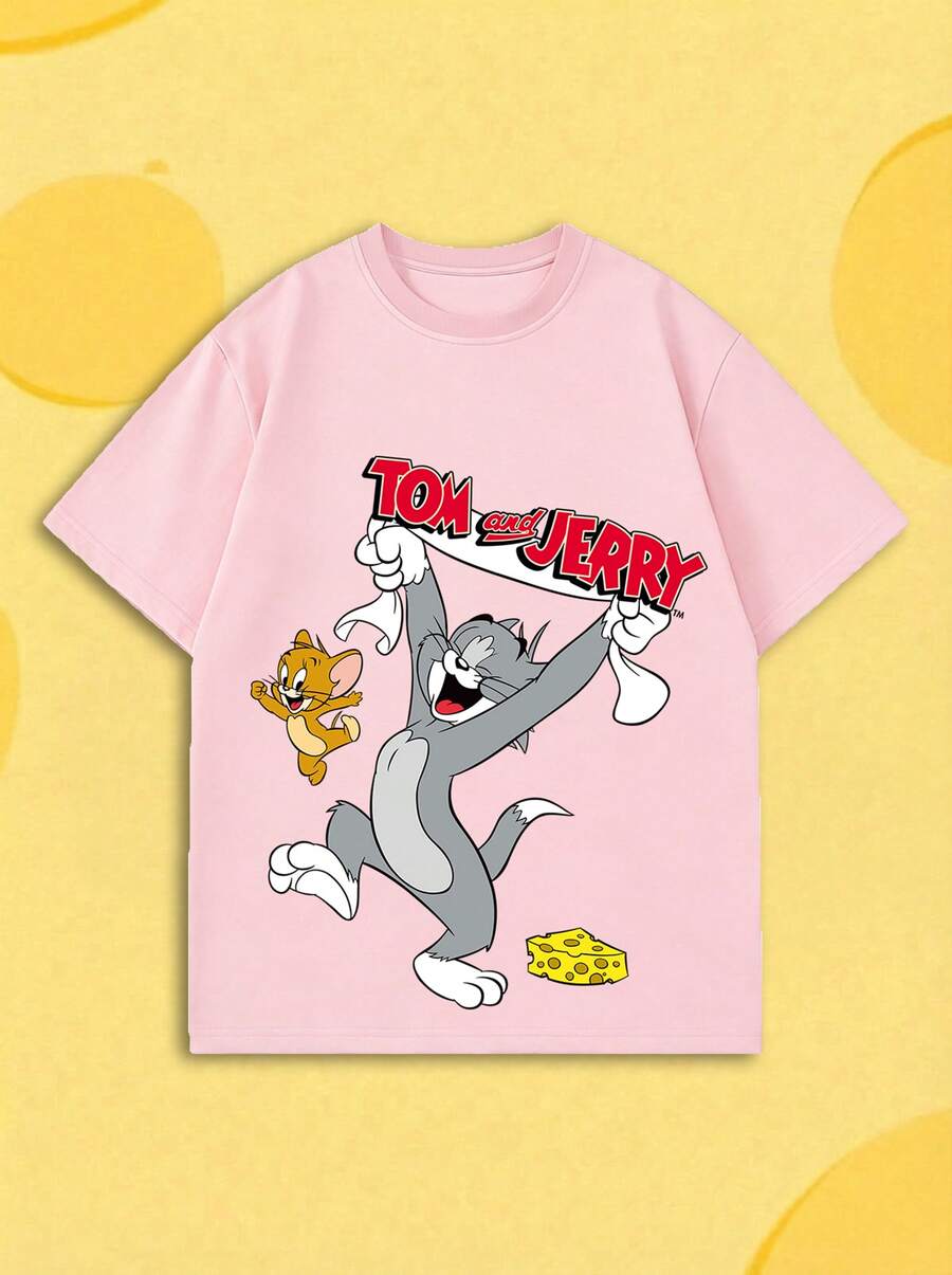 SHEIN X Tom & Jerry 夏季女款短袖T恤,女孩約會、街拍、夏季購物、校園出遊、度假休閒粉色休閒風 - 粉色 - 查看 1
