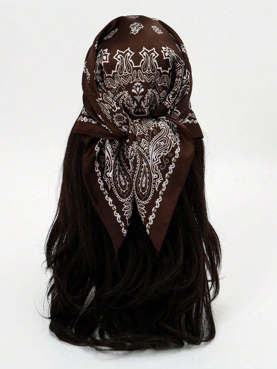 1 buah Syal Sutra Motif Paisley Bohemian, Ukuran 27,5" X 27,5", Desain Modis, Cocok Untuk Pemakaian Sehari-hari - S41246 - Cokelat - View 1