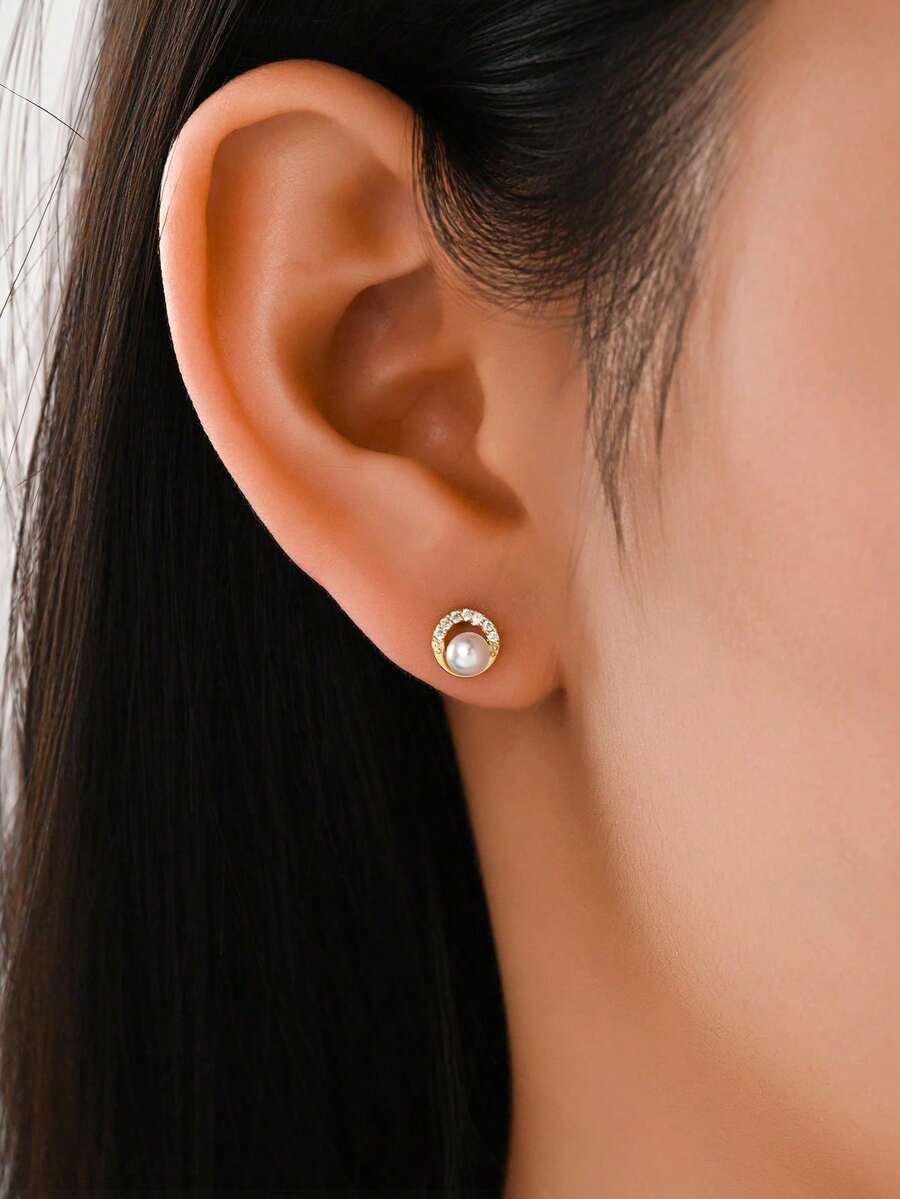 1 par de pendientes de botón de plata de ley S925 con perlas falsas versátiles para mujeres, accesorio de joyería para uso diario y combinación total, regalo de cumpleaños y festividades para amigas y mejores amigas - perla - Ver 1