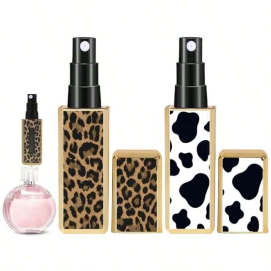 2PCS 5ml Refillable Square Perfume Sp Bott, Bottom-Filling Frances Perfume Atomizer Leopard Print And Cow Pattern - 豹紋和乳牛圖案 - 查看 1