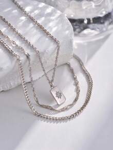 3pcs/Set Women's Necklace Set, Summer Tassel Bohemian Beach Vacation Layered Style, Multi-Layer Copper Inlaid Zirconia Eight-Pointed Star Cuban Water Wave Twist Chain Necklace Set, Daily Jewelry Gift - Silver - View 5