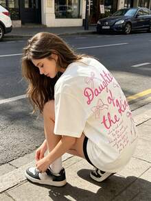 'The King's Daughter' Graphic T-Shirt, Women's Faith Clothing With Biblical Aesthetic, With Text Printed On The Back, Double-Sided 'Daughter Of The King' T-Shirt - 杏子 4 - 查看 4