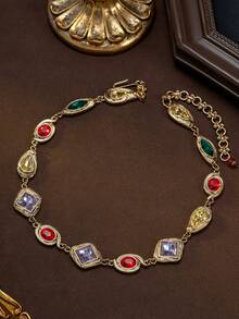 1pc Vintage Heavy Craft European & American Retro Style Colorful Jewelry With Different Inlay Designs, Novel Niche Personalized Luxurious Vibrant Fashionable High-End Jewelry Necklace, Light Luxury Retro Accessory, Unique Eye-Catching Code For Retro Style, Suitable For Daily, Party, Banquet And Holiday Celebrations - Multicolor - View 1