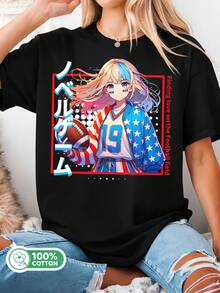 Anime Soccer Girl Finding Love On The Field Graphic Cotton T-Shirt, Unisex Summer Sports Tee - Black - View 1