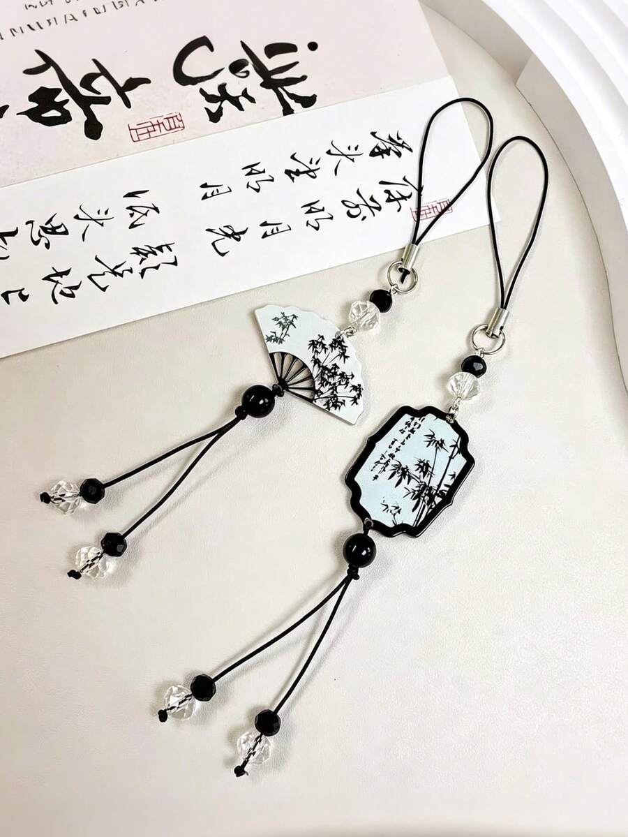 1pc Elegant Chinese Style Fan-Shaped Phone Lanyard - Retro Ink Painting Pattern Design, Fashionable Anti-Lost Aesthetic, Stylish Phone Pendant, Durable Phone Strap - Multicolor - View 1