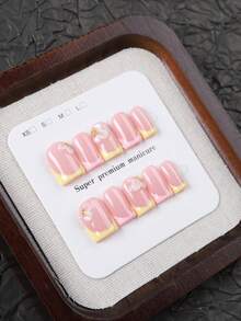 10‑Piece Short Square Handmade Press‑On Nails, Sweet Pink-Yellow French Style With 3D White Bow & Gold Bead Decor, Full‑Cover False Nails For Daily Wear, Dating, Parties, Lovely Manicure For Women And Girls - Multicolor - View 4