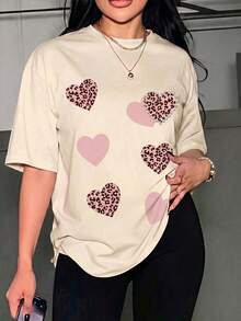 Women's Casual Black Short-Sleeved T-Shirt With Pink Leopard Print Heart Appliqués And Pearl Embellishments, Regular Fit Polyester Top With Round Neck And Lightweight - 紅色 - 查看 2