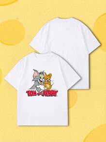 SHEIN X Tom & Jerry 夏季女款短袖T恤，經典卡通角色同框趣味印花搭配品牌字母設計，休閒白色 - 白色 - 查看 2