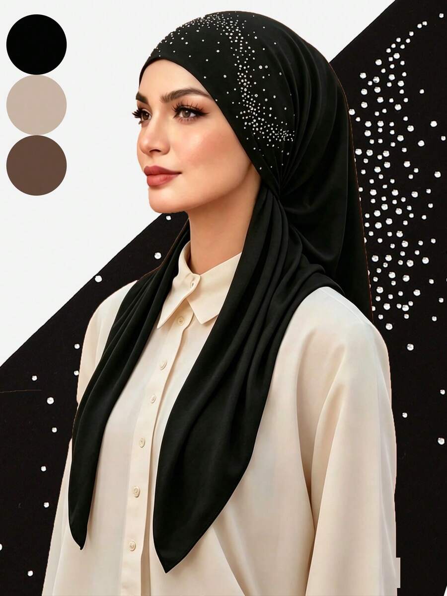 1PC/2PCS Women's Triangle Solid Color Rhinestone Headscarf, Non-Slip Islamic Solid Color Casual Underscarf, Simple Versatile, Soft Comfortable Skin-Friendly, Suitable For Daily Wear, Suitable For All Seasons - 1PC - Multicolor - View 1