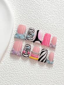 10pcs/Set Ongles à presser style Y2K faits main, décorations d'art des ongles en spirale, imprimé léopard et boule 3D, vernis à ongles bleu, violet, rose et noir, style décontracté, avec outils à ongles (1 pièce autocollant gelée + 1 pièce lime à ongles), 3 tailles disponibles, forme amande, canard, cercueil, convient pour fête, quotidien, fête, photographie, printemps/été - Multicolore - Voir 16