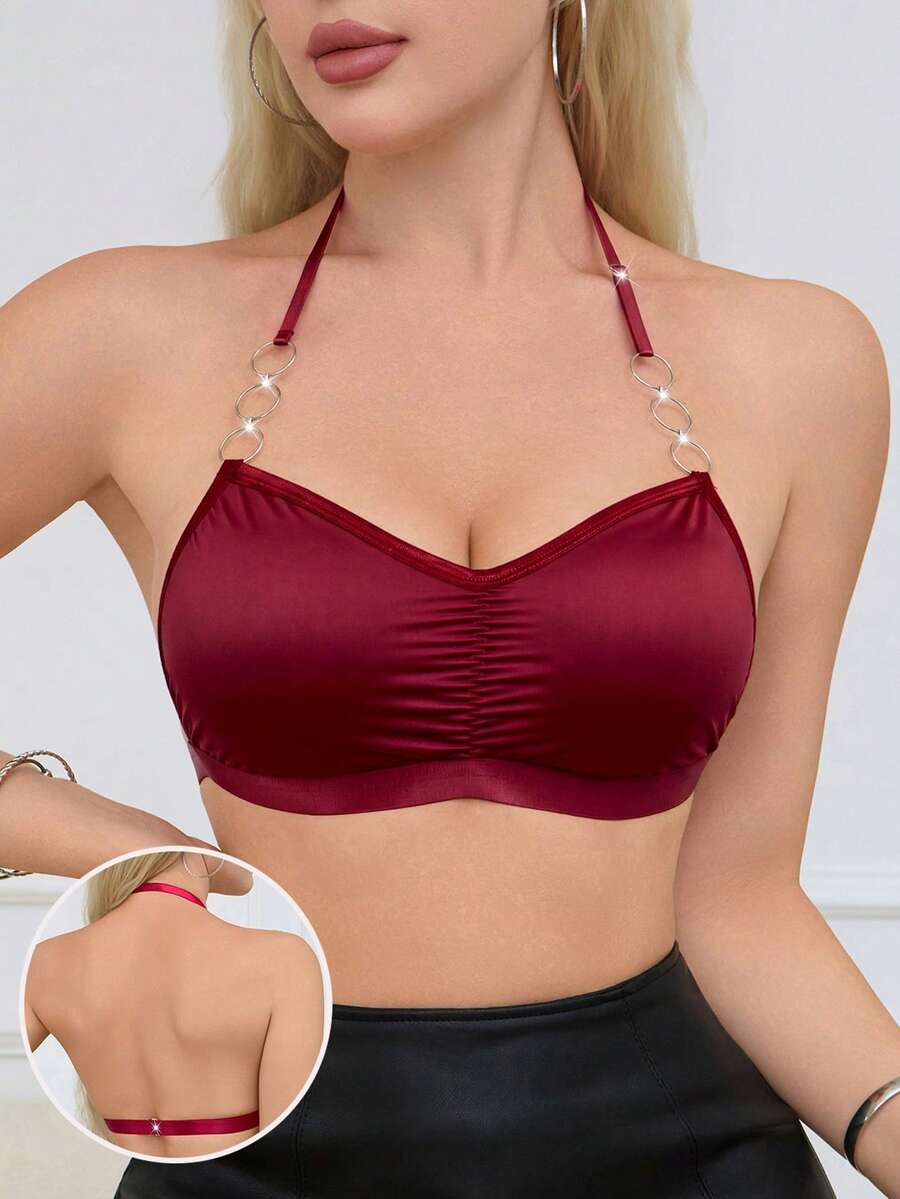 Women's Solid Color Pleated Design Circular Ring Comfortable Bra (Padless) - Burgundy - View 1