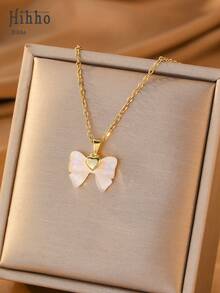 Hihho [1pc]Gentle Style Iridescent Mother Of Pearl Bow Necklace, Multiple Colors Available, Elegant Design, Versatile For Any Occasion, Suitable For Daily Commute, Weekend Dates, Travel Photos, Pairs Well With T-Shirts, Camisoles, And Dresses - Bow - View 3