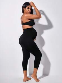Maternity High Waist Abdominal Support Capris With Expandable Belly Panel Black Summer - Black - View 6