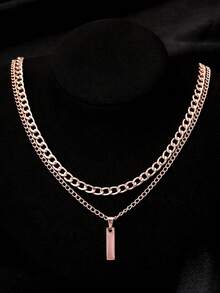 Men's Stainless Steel Cuban Link Chain Necklace Set, 2Pcs Silver Tone Curb Chain With Rectangular Bar Pendant, Hip Hop Punk Fashion Jewelry Gift For Him - Rose Gold - View 1