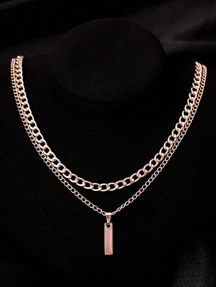 Men's Stainless Steel Cuban Link Chain Necklace Set, 2Pcs Silver Tone Curb Chain With Rectangular Bar Pendant, Hip Hop Punk Fashion Jewelry Gift For Him - Rose Gold - View 1