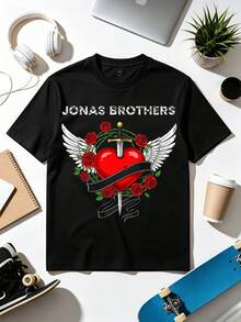 Jonas Brotherss Heart & Sword T-Shirt. Soft Fabric, Loose-Fitting, Everyday Leisure T-Shirt. - 黑色 - 查看 1