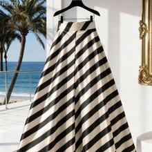 Yunuo Menswear  Falda plisada de cintura alta a rayas, fresca para el verano, vacaciones, versátil, para uso diario, para ir al trabajo - Albaricoque - Ver 3