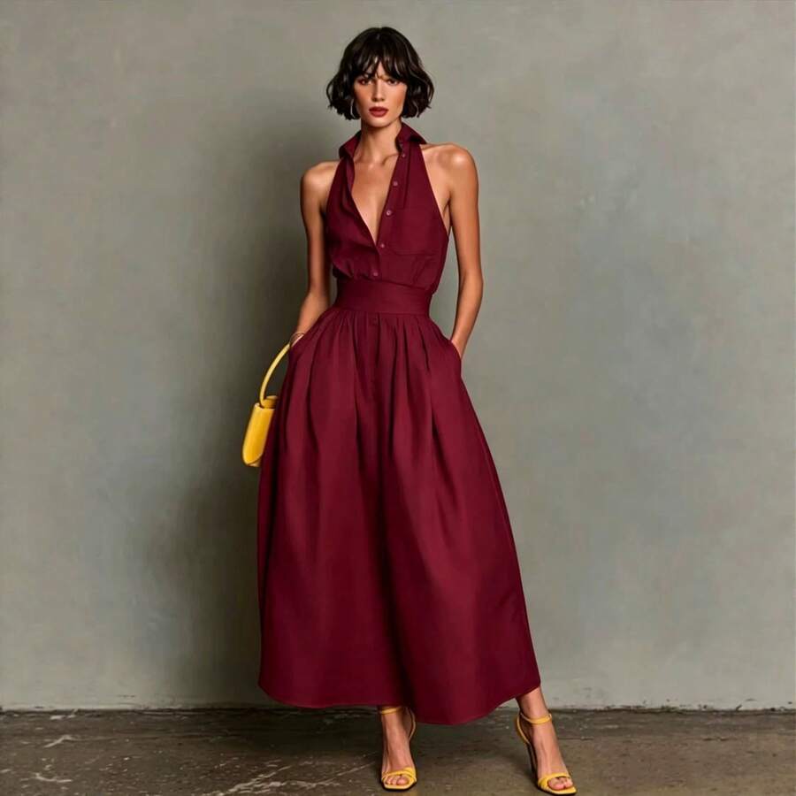 2026 Summer Solid Color Casual Sexy Sleeveless Shirt Collar Dress For Women Loose Fit Mini Length Elegant Office Party Streetwear - 深紅色 - 查看 1