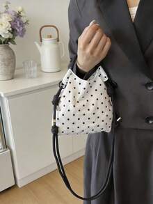 3-Color Polka Dot Contrast Nylon Lightweight Drawstring Closure Minimalist Handbag Crossbody Bag For Students Shopping Travel Women Tote With Detachable Shoulder Strap - Multicolor - View 6