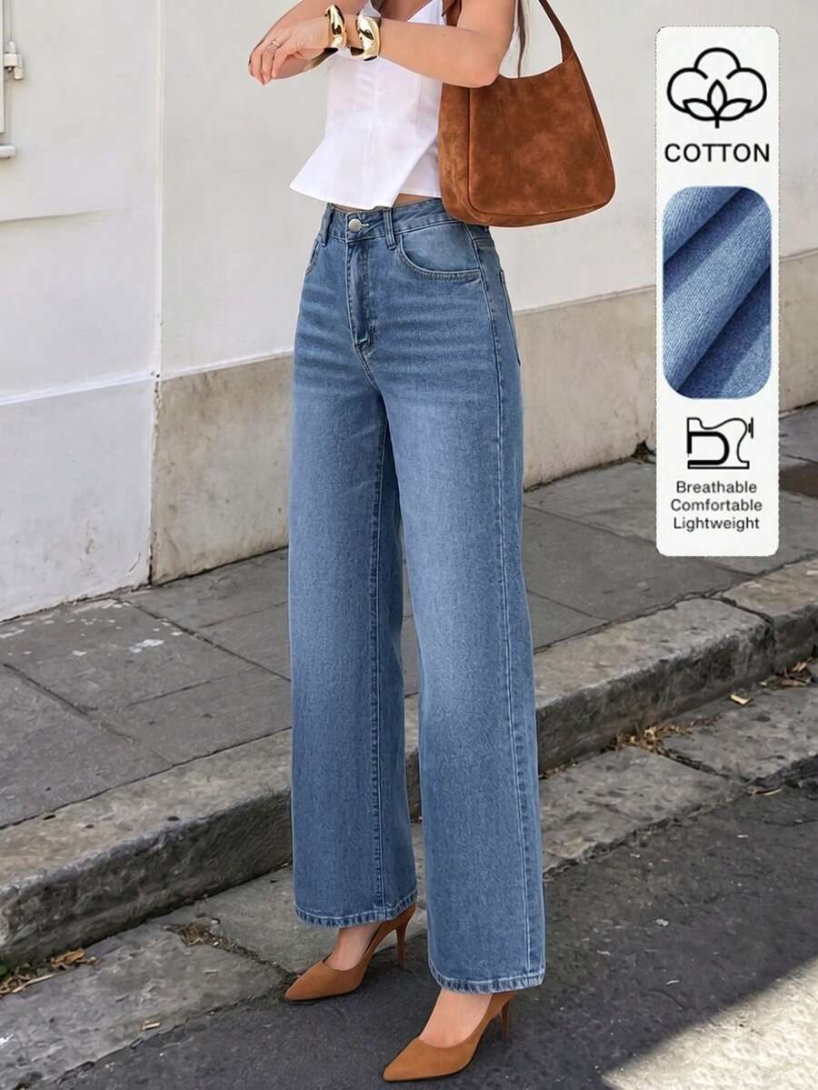 Women's Casual Elastic Waist Denim Jeans, Button Detail Long Versatile Pants - Medium Wash - View 1