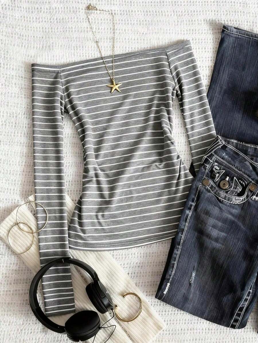 Camiseta de manga larga con hombros descubiertos, estilo minimalista y de moda, regalo para amigos - Multicolor 5 - Ver 1