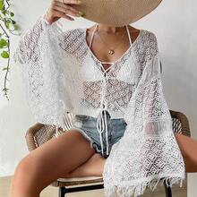 Nuevaúnica de playa con estampado de conchas:única para el bikini con flecos y mangas acampanadas que protege del sol - Negro - Ver 7